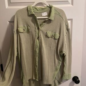 Green Button-Up Waffle Knit Top